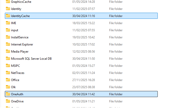 File Explorer open to the Microsoft IdentityCache folder inside Local AppData.