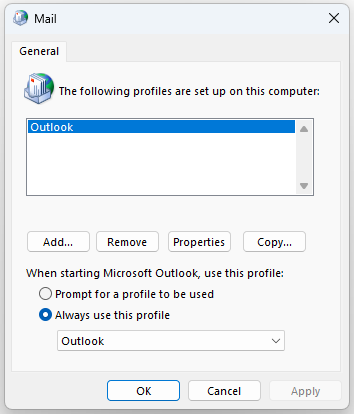 Mail settings window in Control Panel showing the option to create a new Outlook profile.
