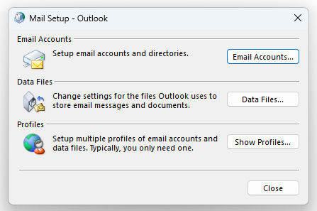 Outlook mail setup window ready to add a Microsoft 365 account to a new profile.