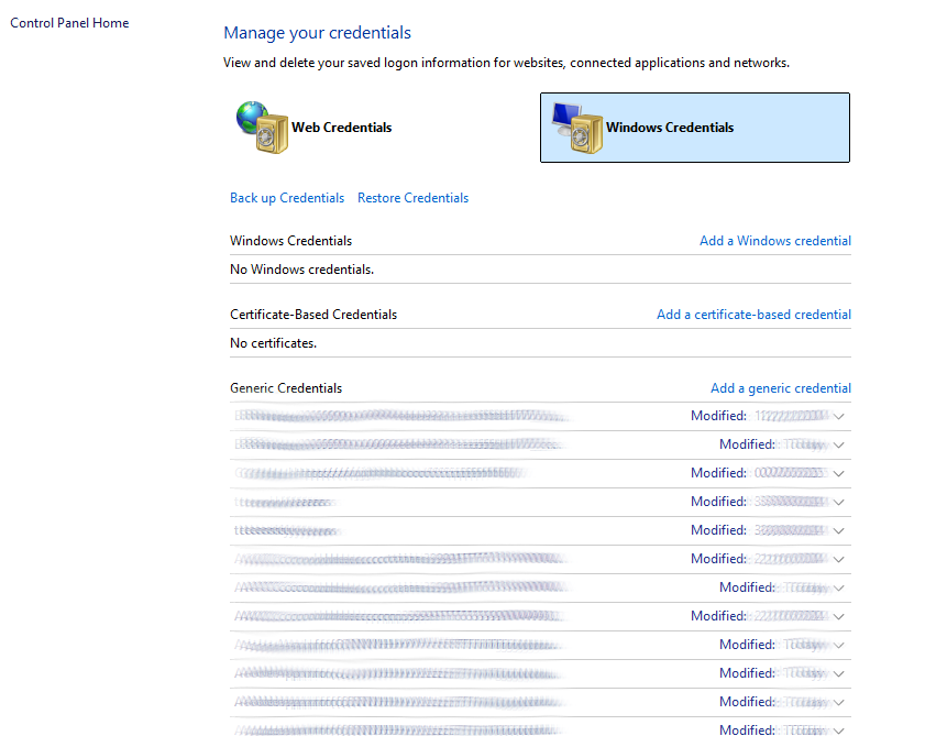 Windows Credential Manager showing stored Outlook or Microsoft 365-related credentials.