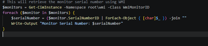 PowerShell script using WMI to retrieve connected monitor serial numbers.