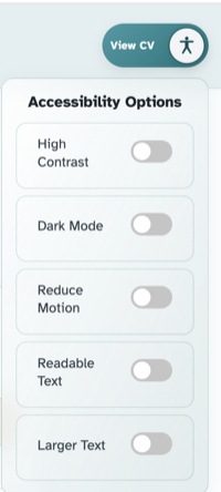 Screenshot of the website View CV button and accessibility options menu with display preference toggles