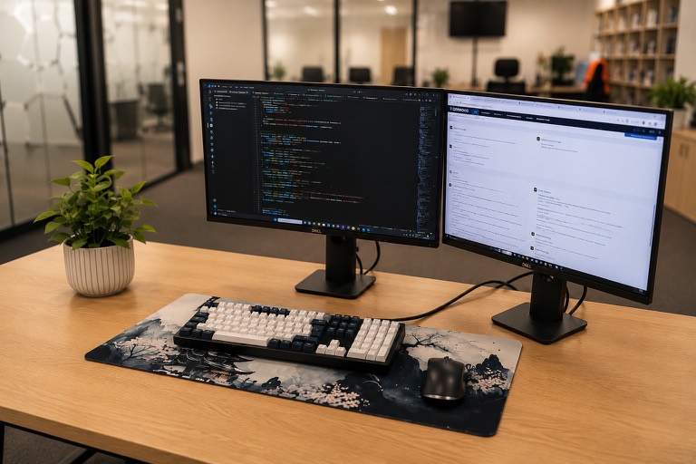 Dual-monitor IT workstation showing code and system tools in an office setting.