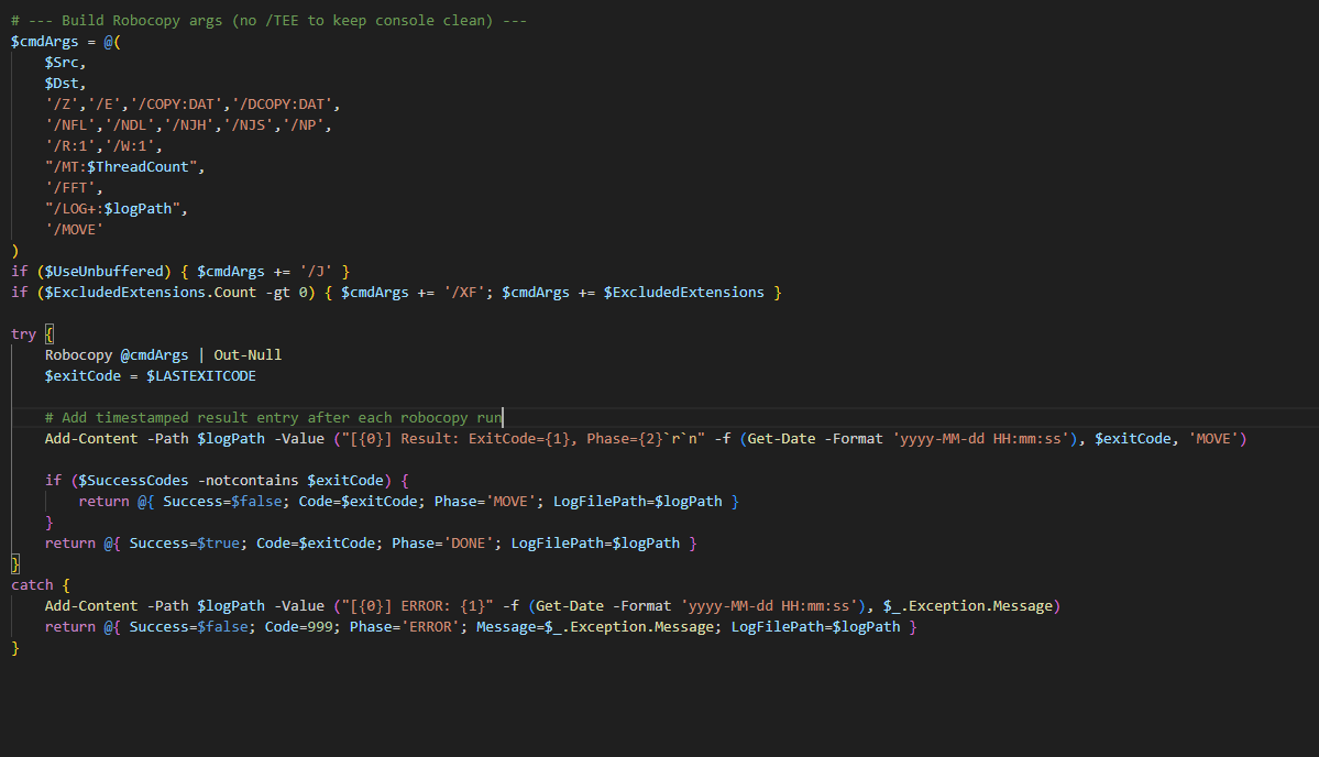 Screenshot of the PowerShell robocopy automation code